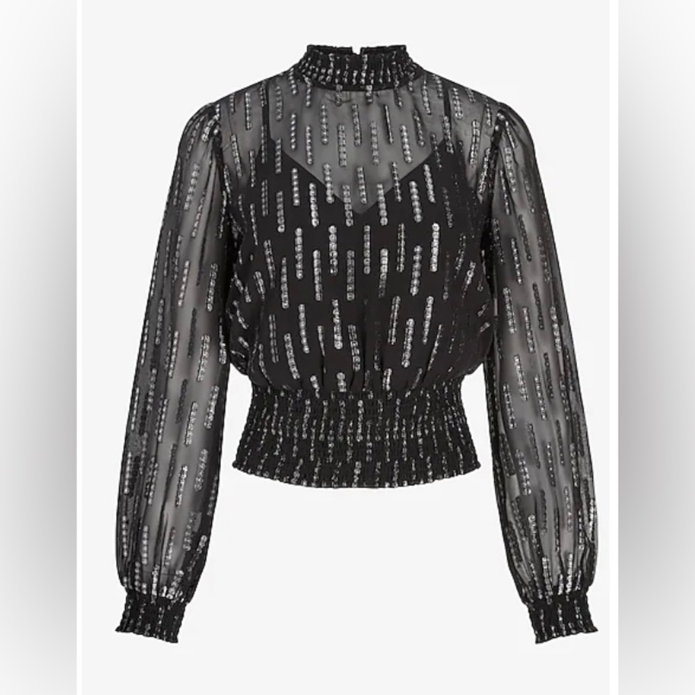 Express Metallic Print Smocked Waist Top